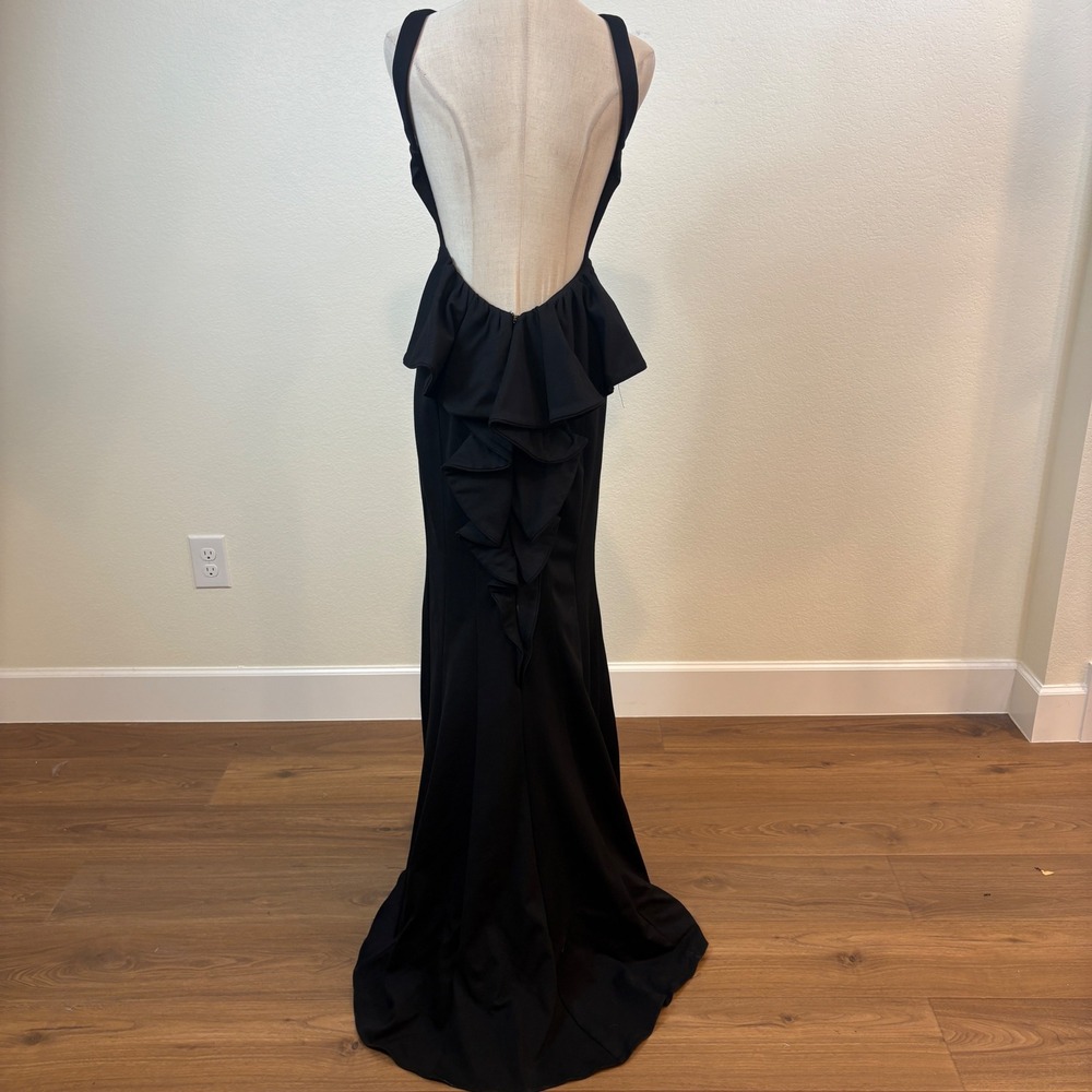 XSCAPE Gown Women 4 Black Open Back Ruffle Peplum Cutout Maxi Train minimalist - Picture 6 of 11